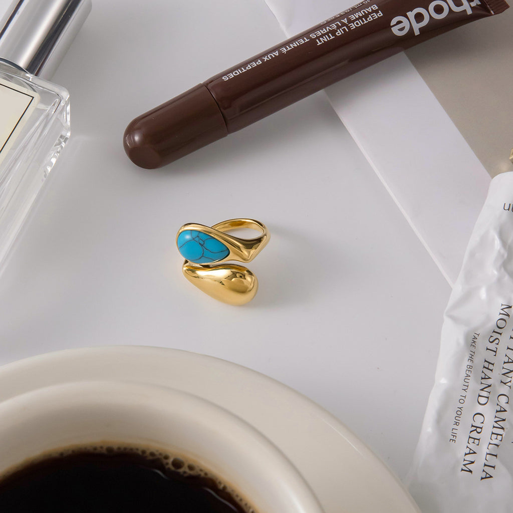 Gold Evil Eye Teardrop Ring Set - Turquoise/Pearl/Tiger Eye/Abalone Shell Stackable Statement Jewelry for Women