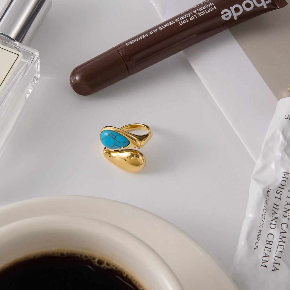 Gold Evil Eye Teardrop Ring Set - Turquoise/Pearl/Tiger Eye/Abalone Shell Stackable Statement Jewelry for Women