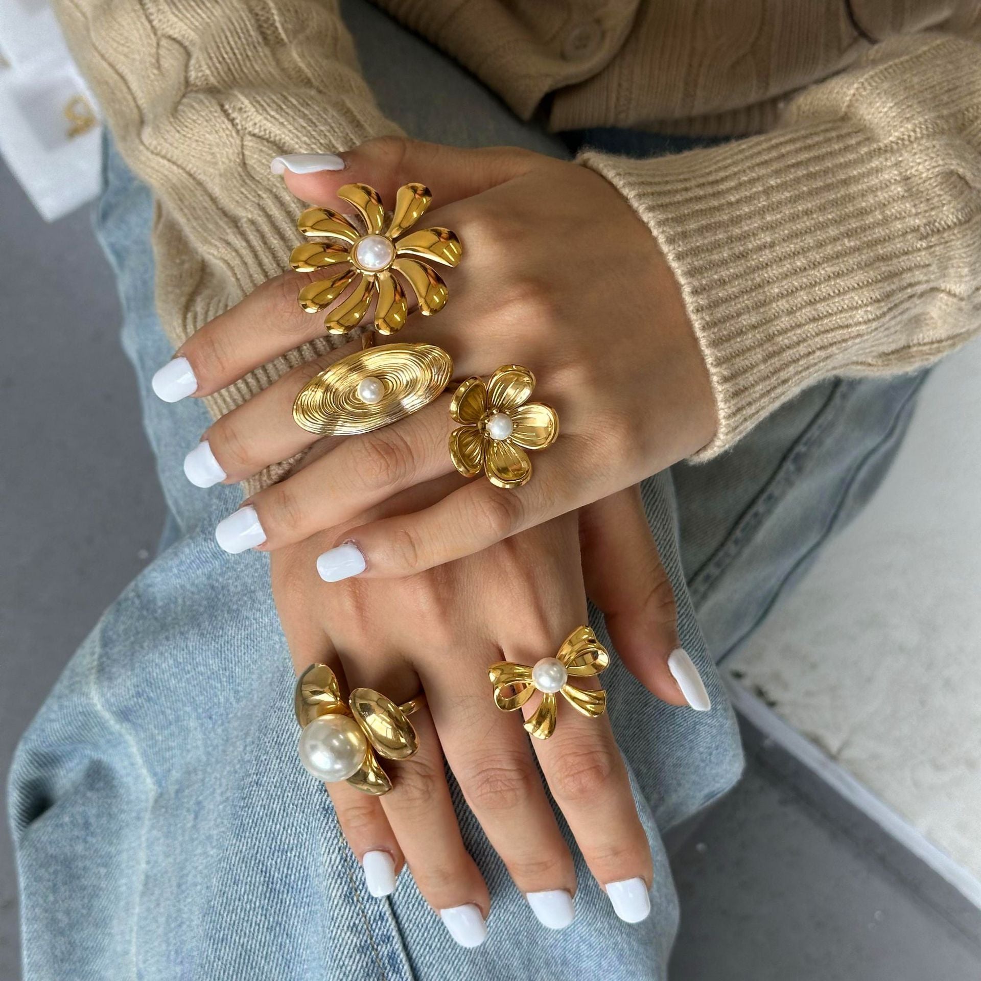 18k Gold Tone Pearl-Accent Ring Set - Flower/Bow/Spiral Designs | INS-Style Stackable Daily/Brunch Finger Jewelry for Women