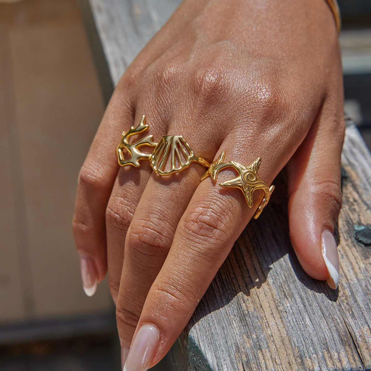Gold Coastal-Chic Jewelry Set - Starfish/Shell/Coral Rings & Bracelet | Bold Ocean Motif Statement Accessories for Women (Beach/Daily/Brunch Wear)