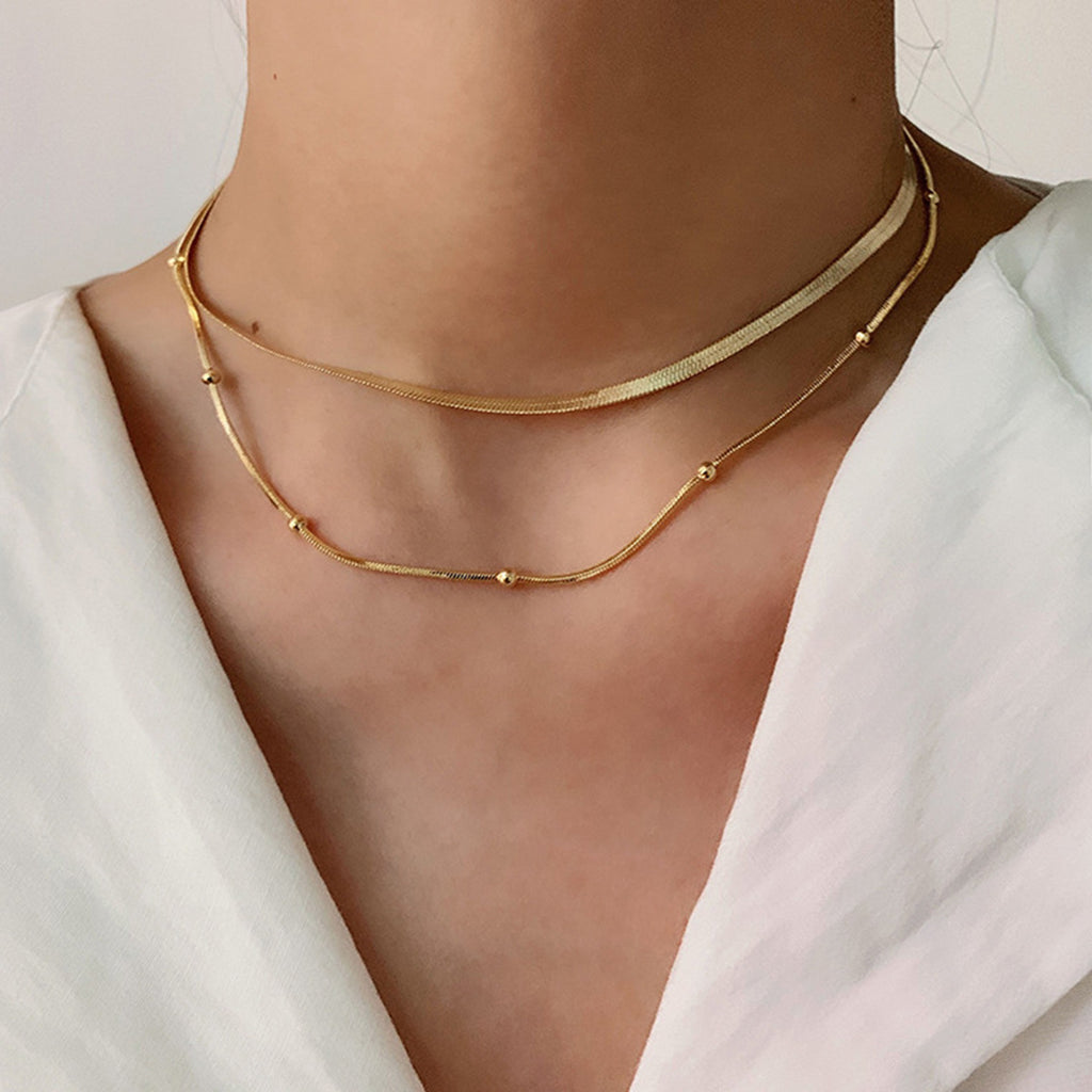 Gold Double-Layer Choker Necklace Set - Snake Chain & Beaded Detail | Modern Minimalist Daily/Brunch Neck Jewelry for Women (Glossy Gold Layered Style)