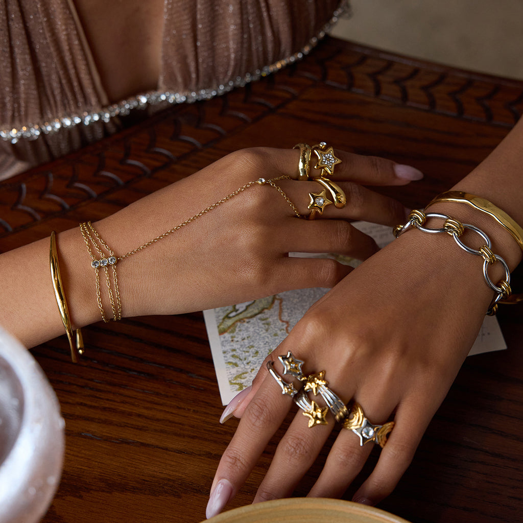 Gold & Silver Star Ring Set - Rhinestone-Accented Stackable Rings | Adjustable Open/Close Band Statement Jewelry for Women