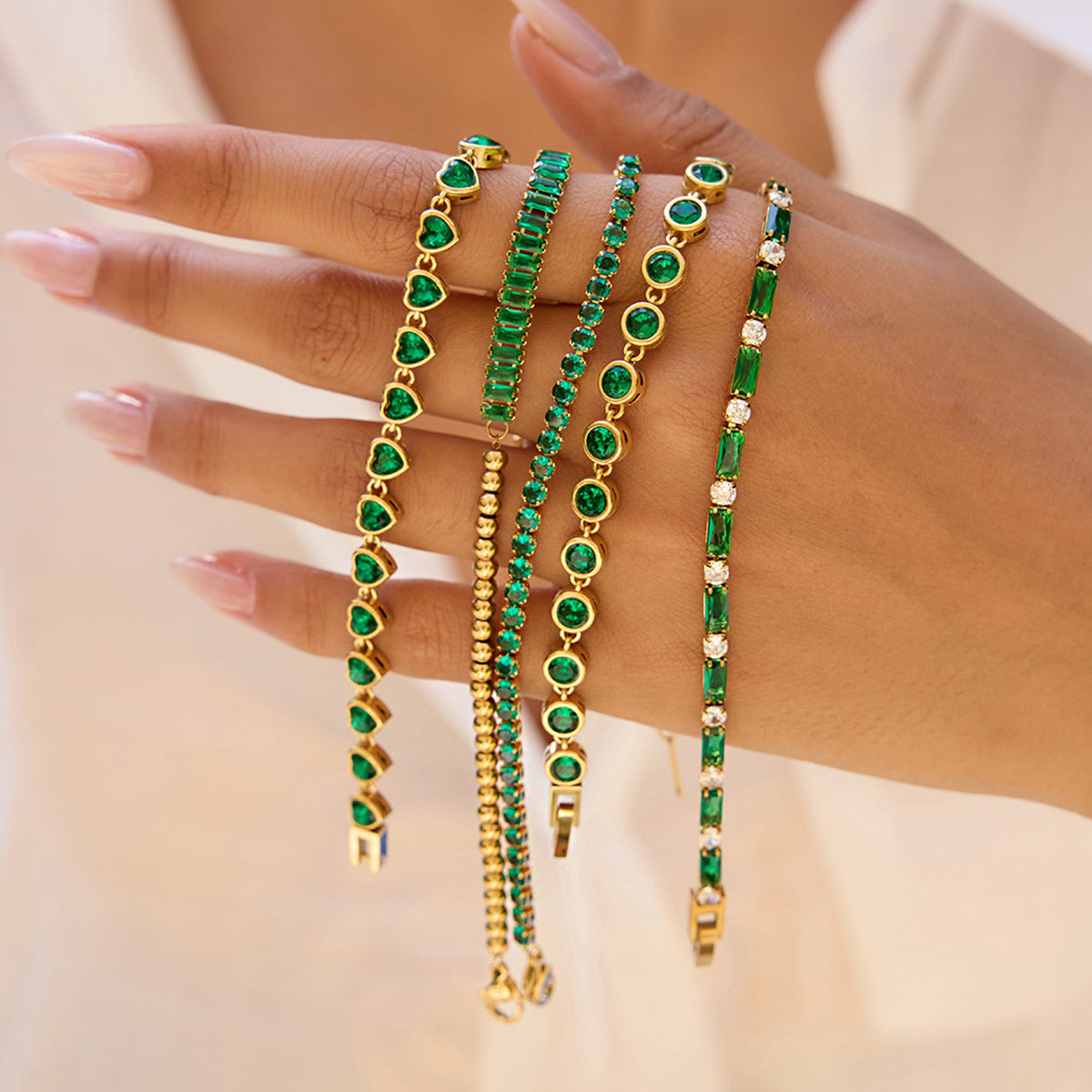 18k Gold Tone Emerald Bracelet Set - Heart/Square Gem Designs | INS-Style Stackable Daily/Brunch Wrist Jewelry for Women