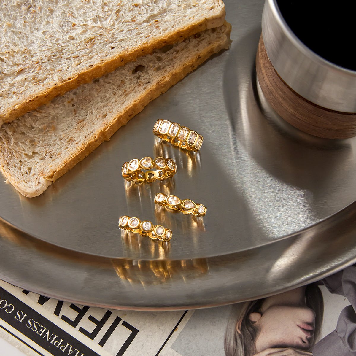 Gold Crystal Ring Set - Teardrop/Square/Heart/Circle Accents | 18k Gold Tone INS-Style Stackable Daily/Brunch Finger Jewelry for Women