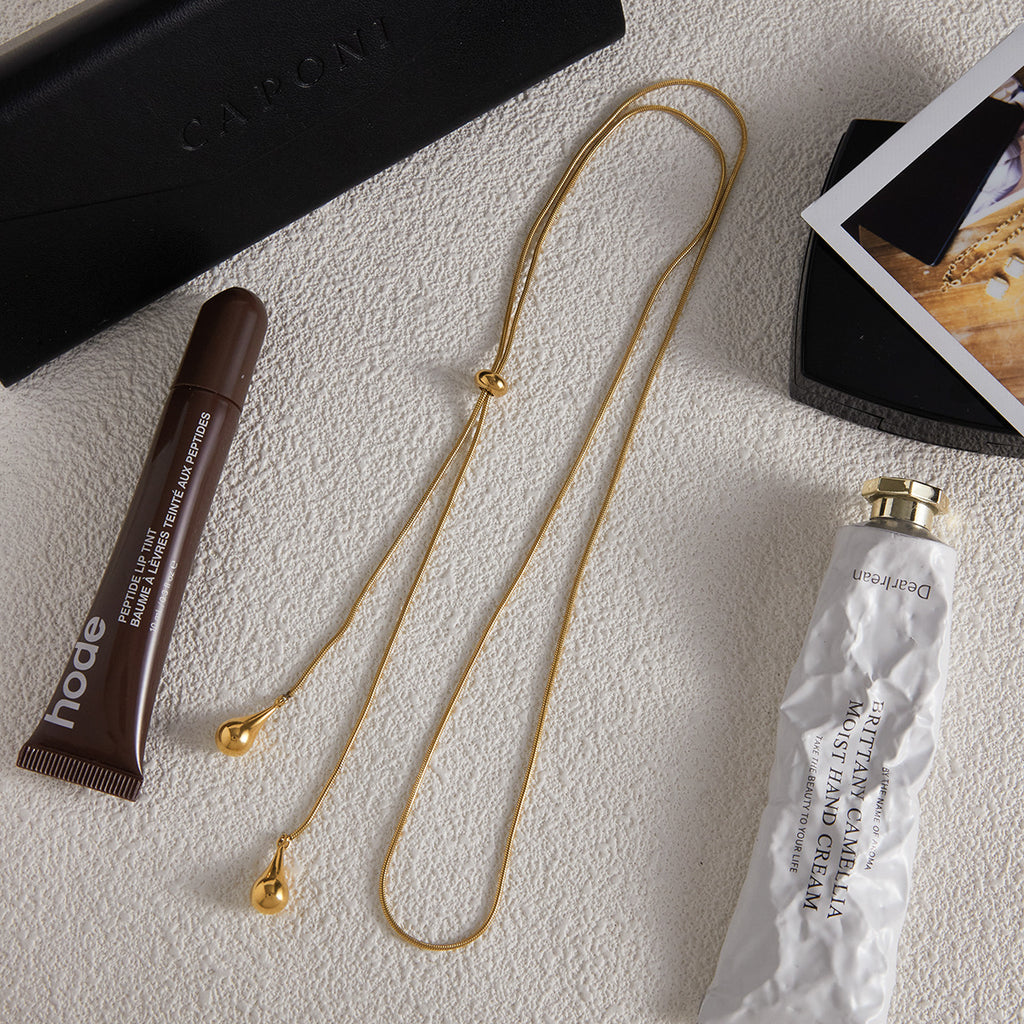 Gold Adjustable Y-Drop Necklace - Double Teardrop Pendant | Modern Elegant Lariat Jewelry for Women (Daily/Date Night/Casual Wear)