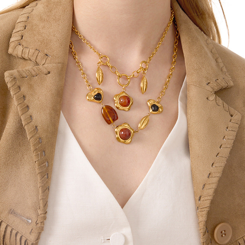 Gold Layered Retro Gem Necklace Set - Pearl/Heart/Leaf/Coin Charms | Vintage Luxury Statement Jewelry for Women (Daily/Party Wear)