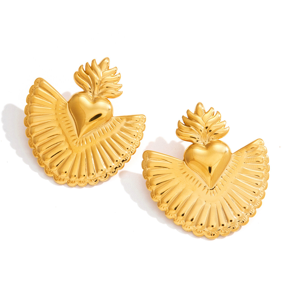 Artistic Golden Sacred Heart Statement Earrings - Vintage-Inspired Bold Jewelry for Women