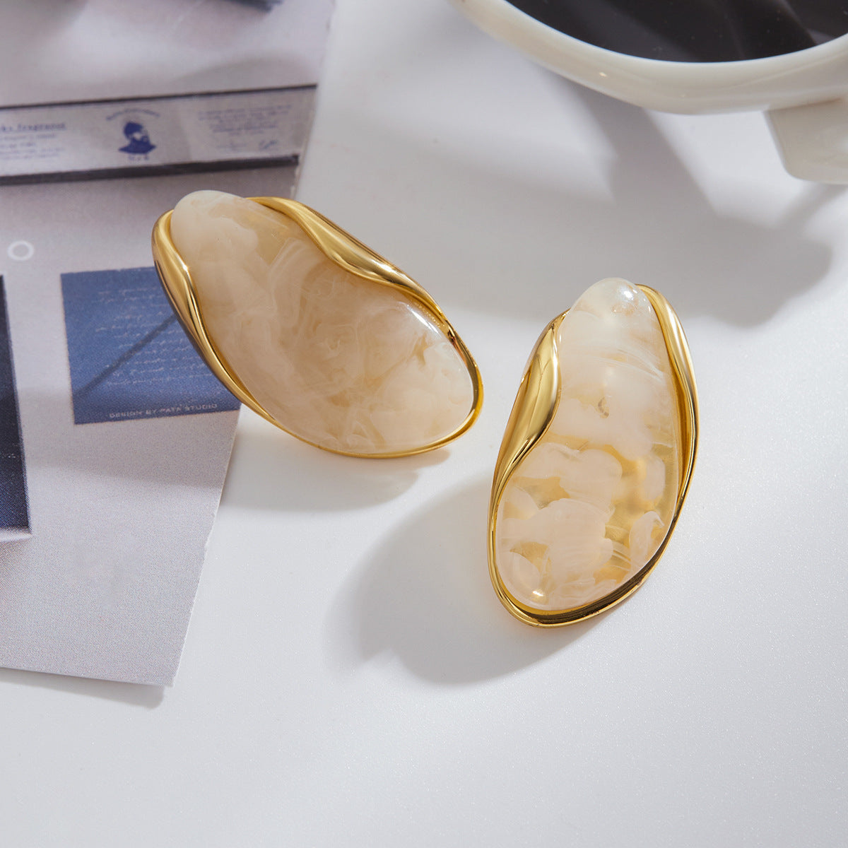 Gold Frame Irregular Gem Drop Earrings - White/Amber/Green/Pink Resin Stone Options | Retro Organic Statement Jewelry for Women (Daily/Brunch/Casual Wear)