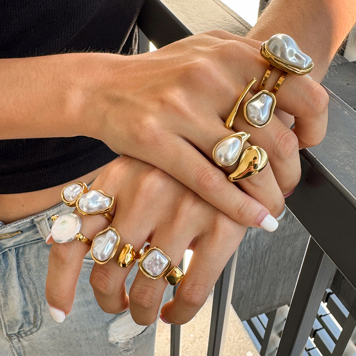 Gold Baroque Pearl Multi-Style Stackable Ring Set - Irregular Pearl (Open/Closed Band) Statement Jewelry for Women