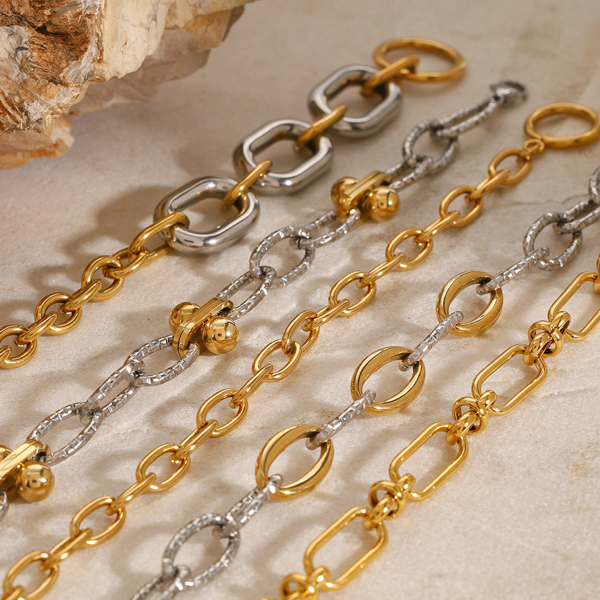 Gold & Silver Multi-Chain Bracelet Set - Oval/Twist/Link Chain Designs | Modern Layered Wrist Jewelry for Women (Daily/Brunch/Casual Wear)