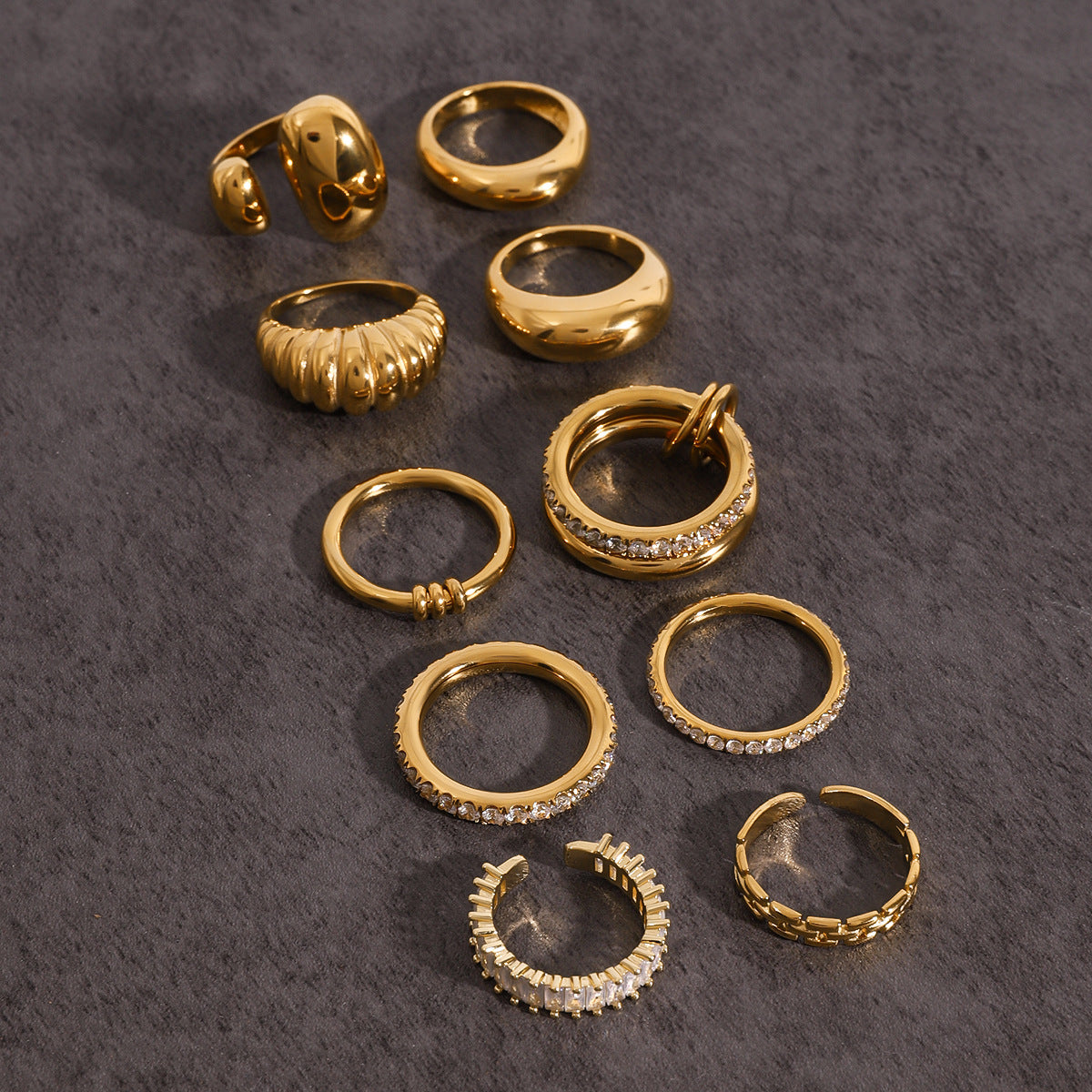 Chunky Gold Ring Set - Stackable Statement Rings with Textured & Crystal-Embellished Designs for Women