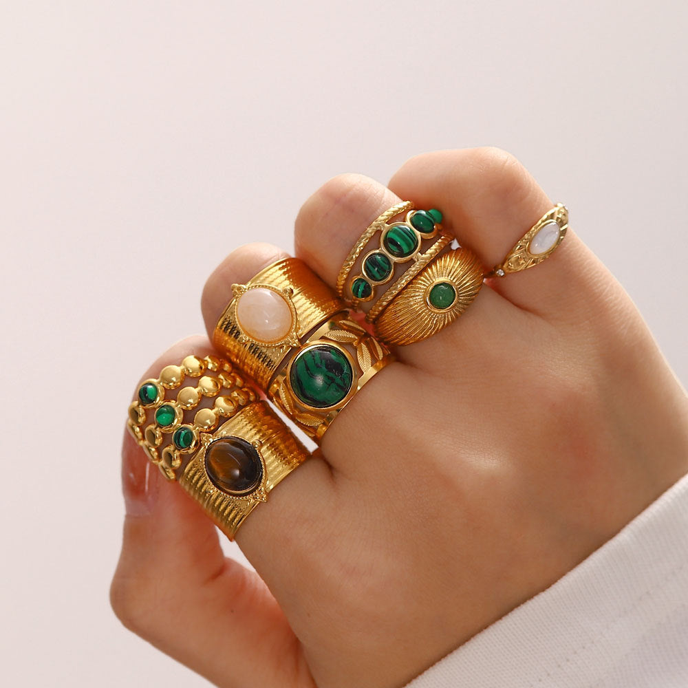 Gold Gemstone Statement Ring Set - Turquoise/Malachite/Tiger Eye | Retro Boho Stackable Daily/Brunch Finger Jewelry for Women
