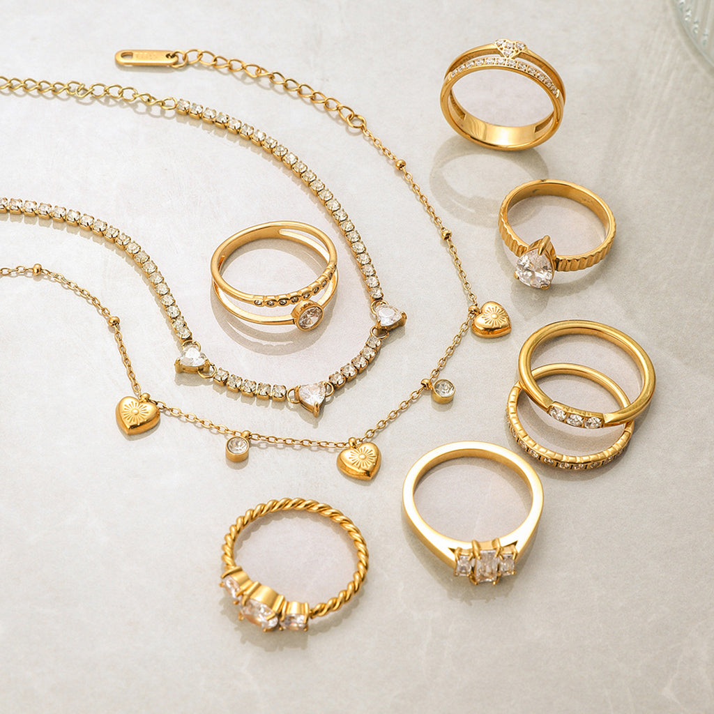 Gold CZ Ring Set - Multi-Style Sparkly Stackable Rings for Women