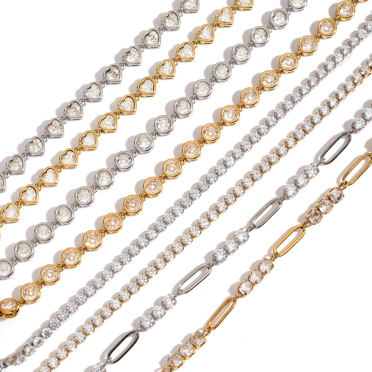 18k Gold/Silver Tone Crystal Bracelet Set - Heart/Round Accents | INS-Style Stackable Daily/Brunch Wrist Jewelry for Women