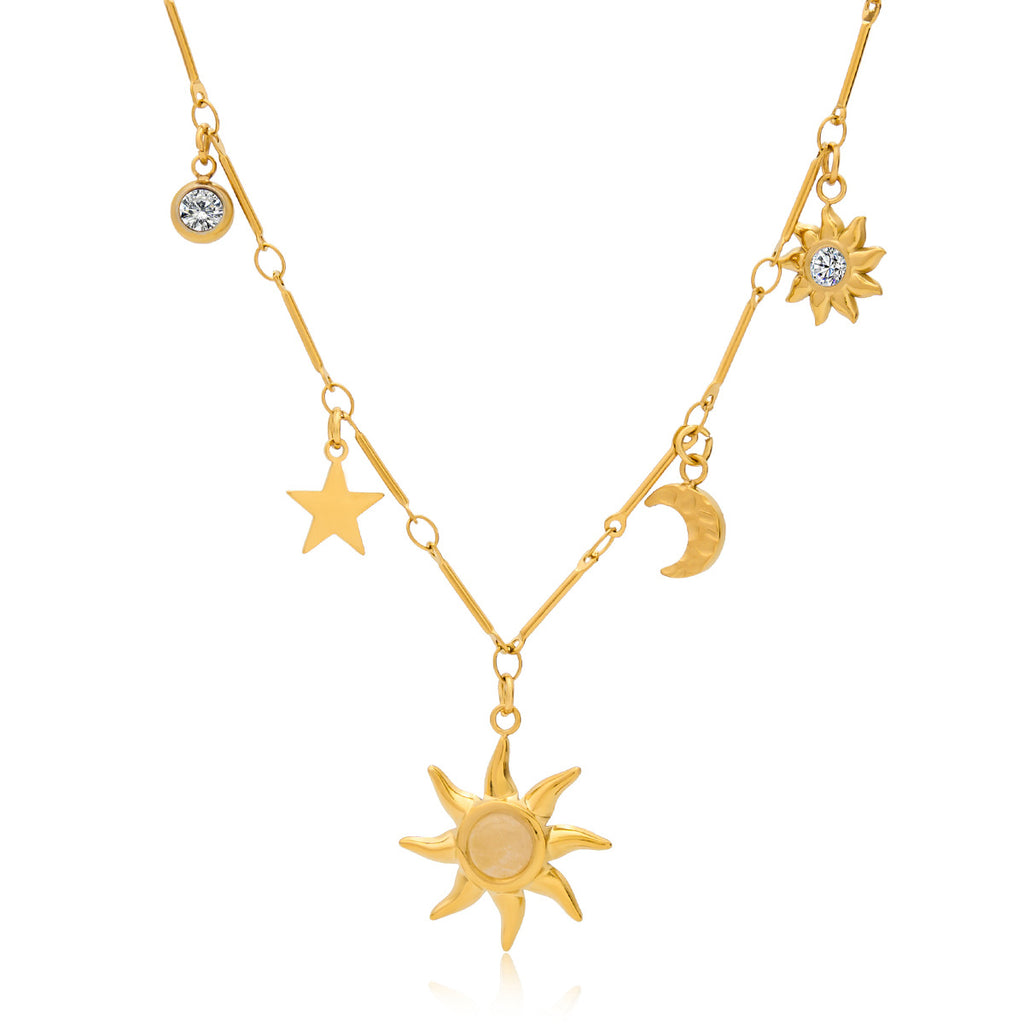 Gold Layered Celestial Necklace Set - Opal Sun/Star/Moon Charms Statement Jewelry for Women