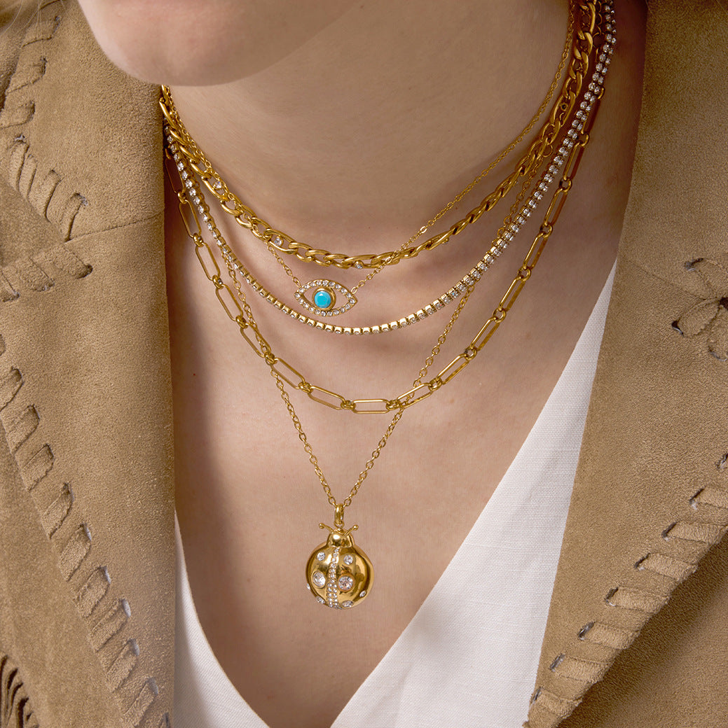 Gold Layered Necklace & Ladybug Earring Set - CZ Turquoise Statement Jewelry for Women
