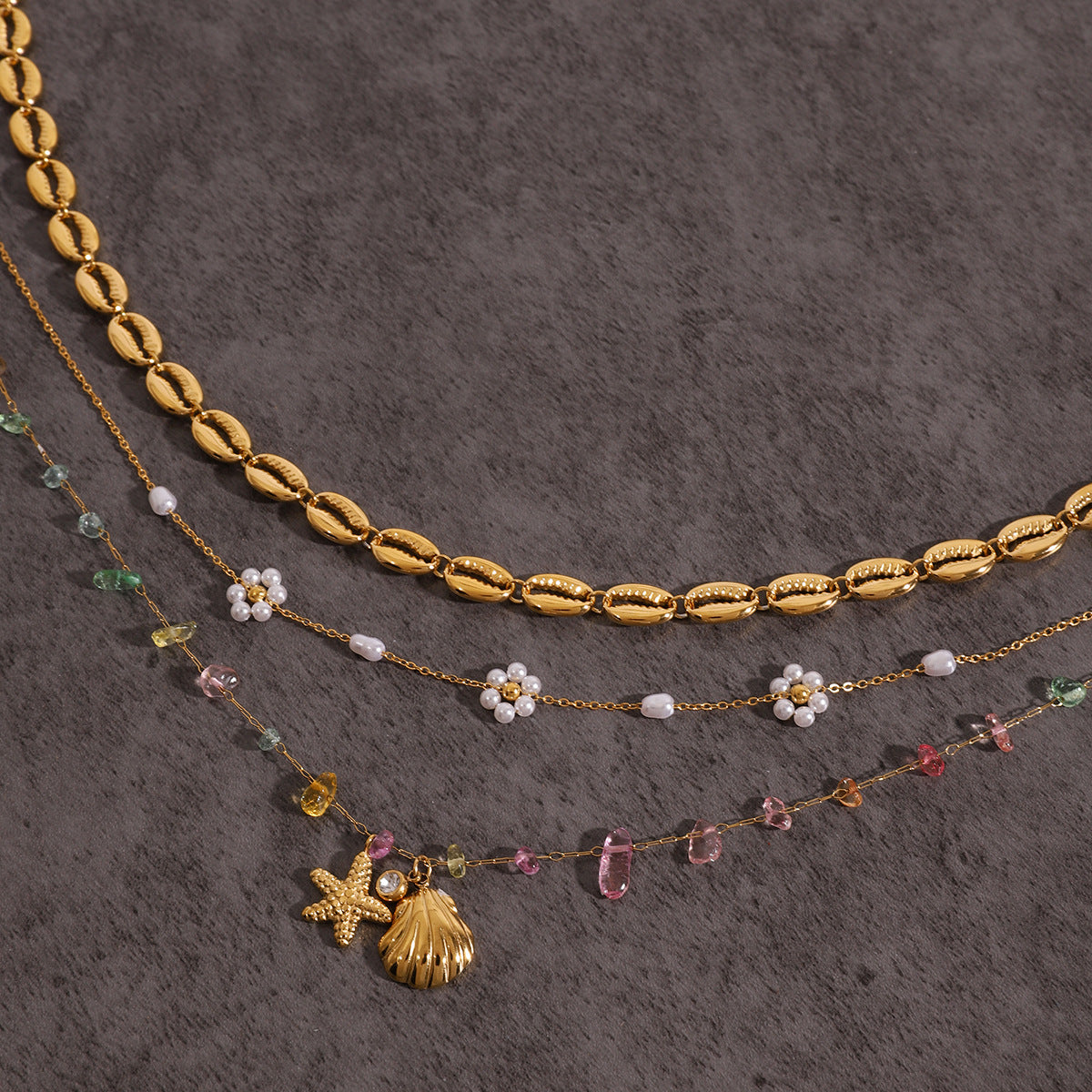 Gold Layered Boho Necklaces Set - Flower/Colorful Gem/Starfish/Pearl Charms | Summer Casual Statement Jewelry for Women