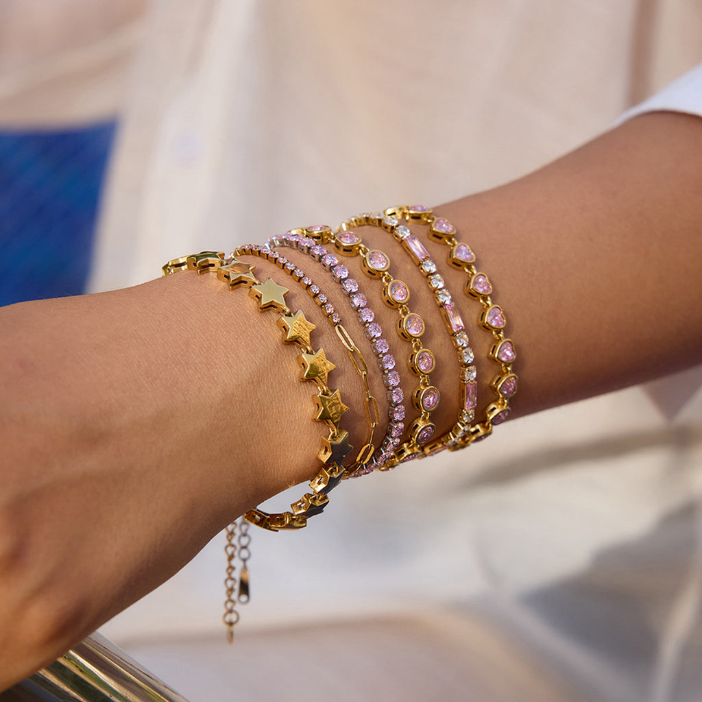 18k Gold Tone Bracelet Set - Star/Pink Crystal/Heart Designs | INS-Style Stackable Daily/Brunch Wrist Jewelry for Women