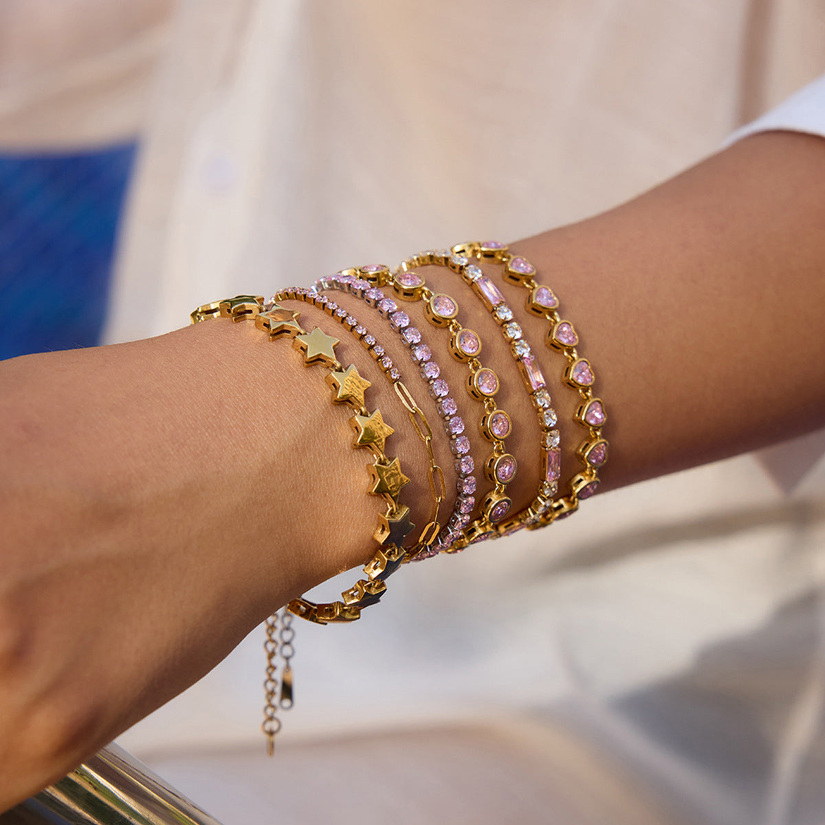 18k Gold Tone Bracelet Set - Star/Pink Crystal/Heart Designs | INS-Style Stackable Daily/Brunch Wrist Jewelry for Women