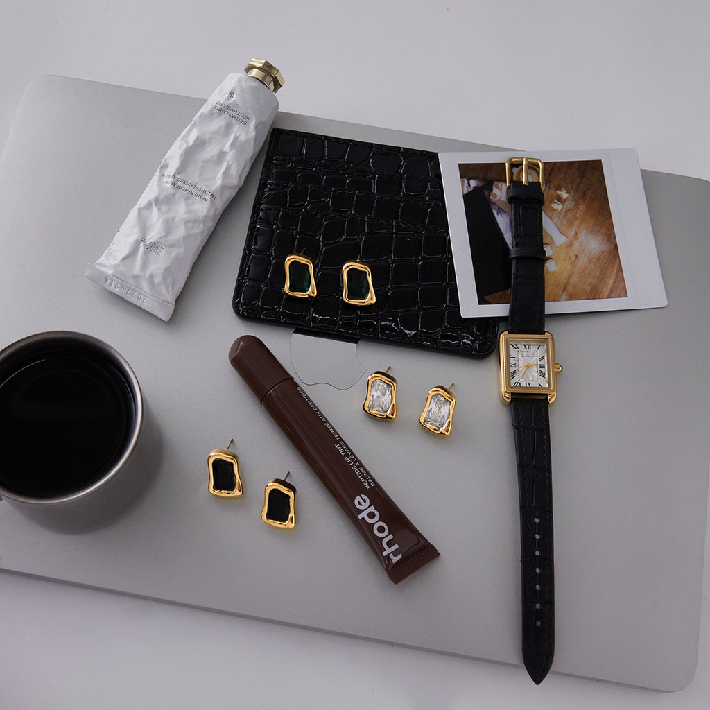 Gold Irregular Frame Gem Stud Earring Set - White/Green/Black Stone Accents | Modern Bold Daily/Brunch Jewelry for Women (Glossy Textured Gold Borders)