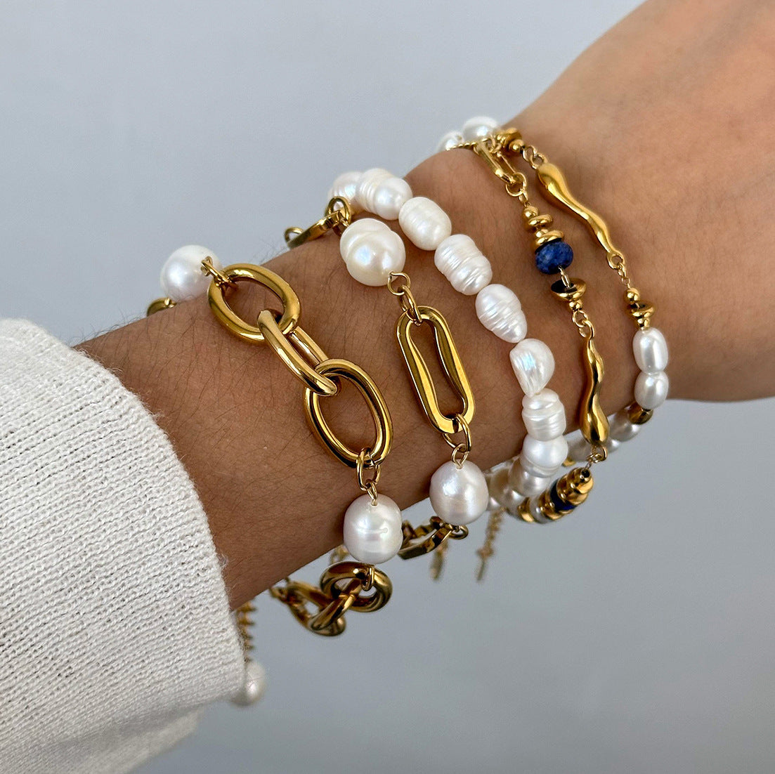 Baroque Pearl & Gold-Plated Stackable Bracelet Set | Lapis Lazuli Accent Chain Bracelets | Vintage Elegant INS-Style Jewelry for Women | Assorted Chunky & Dainty Designs for Daily Wear & Party Stacking