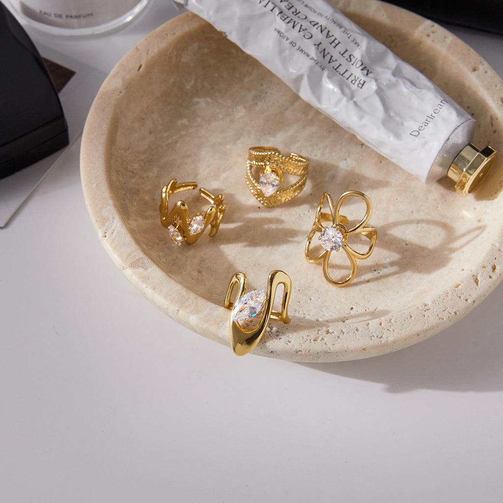 18k Gold Tone Crystal Ring Set - Bow/Heart/Letter/Arrow Designs | INS-Style Stackable Daily/Brunch Finger Jewelry for Women