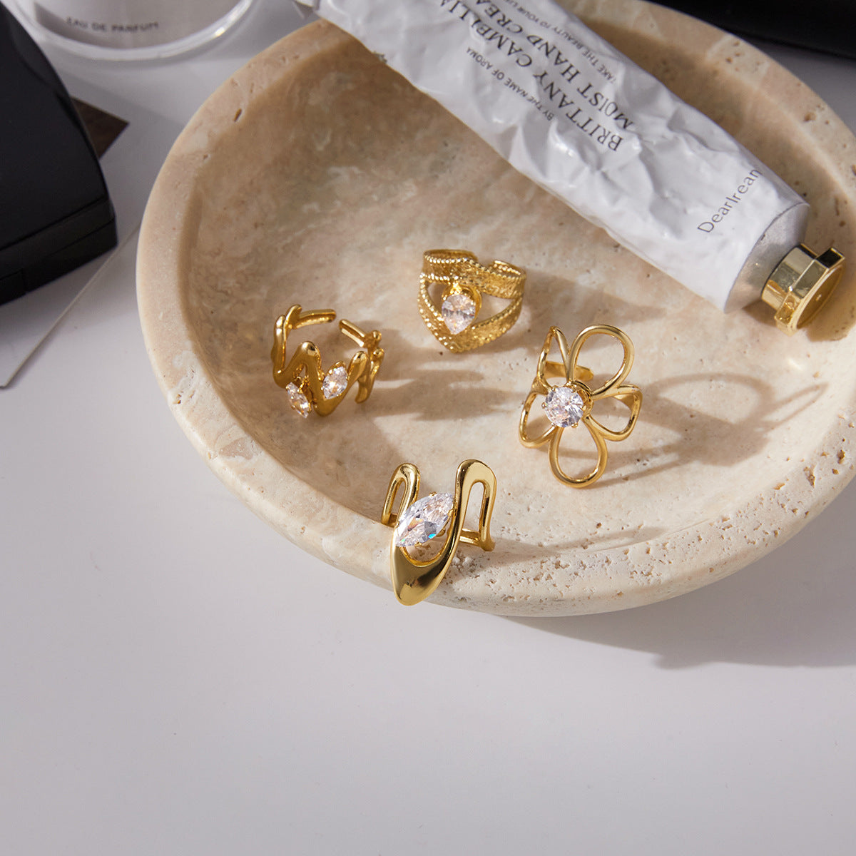 18k Gold Tone Crystal Ring Set - Bow/Heart/Letter/Arrow Designs | INS-Style Stackable Daily/Brunch Finger Jewelry for Women