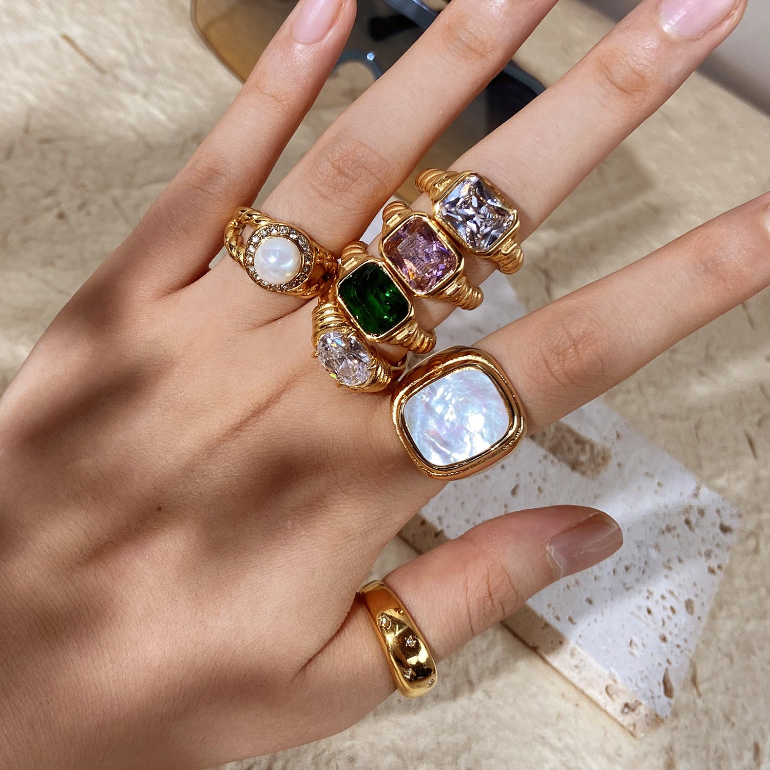 18k Gold Tone Ring Set - Emerald/Sapphire/Pearl/Star Designs | INS-Style Stackable Daily/Brunch Finger Jewelry for Women
