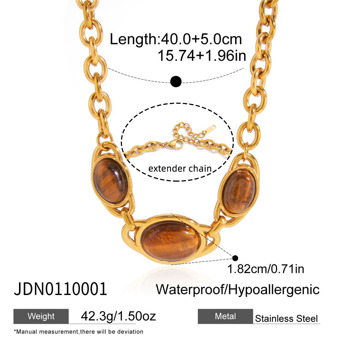 Gold Chunky Chain Choker Necklace with Tiger Eye Oval Accents - Vintage Statement Jewelry for Women