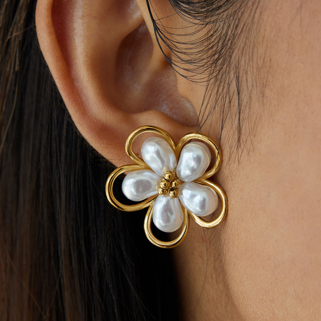Gold Floral & Pearl Earring Set - Multi-Style Blossom/Leaf/Geometric Designs | Retro Elegant Daily/Brunch Jewelry for Women (Glossy Gold + Pearl/Floral Accents)