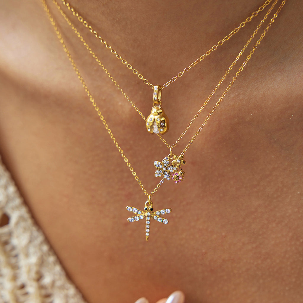 Gold Layered Insect Pendant Necklace Set - CZ Ladybug Dragonfly Statement Jewelry for Women