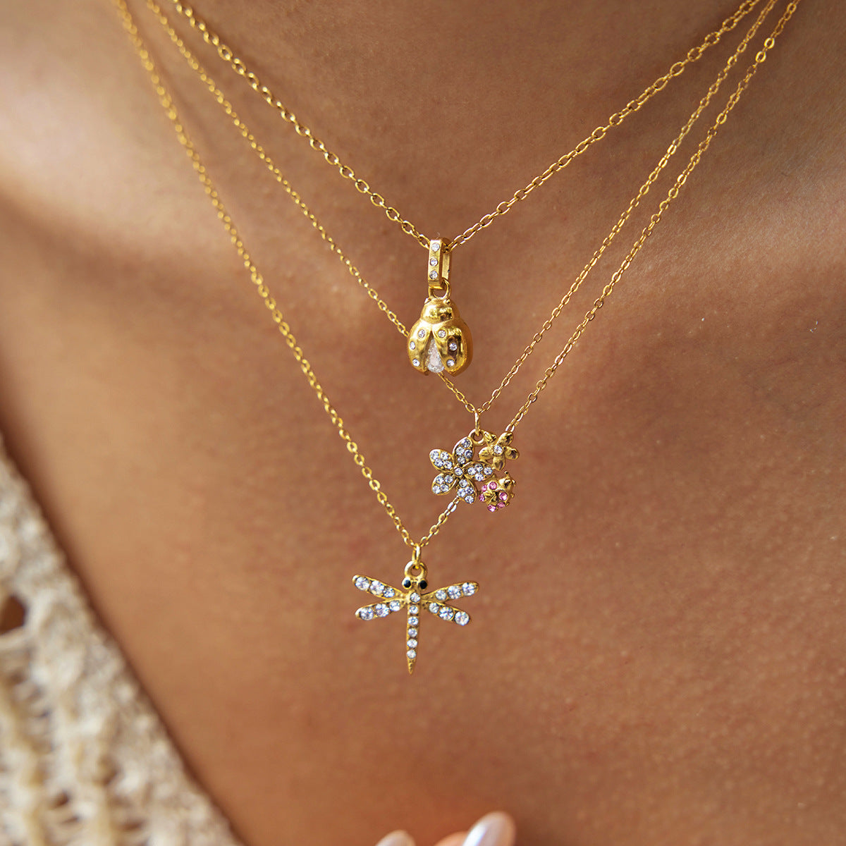 Gold Layered Insect Pendant Necklace Set - CZ Ladybug Dragonfly Statement Jewelry for Women