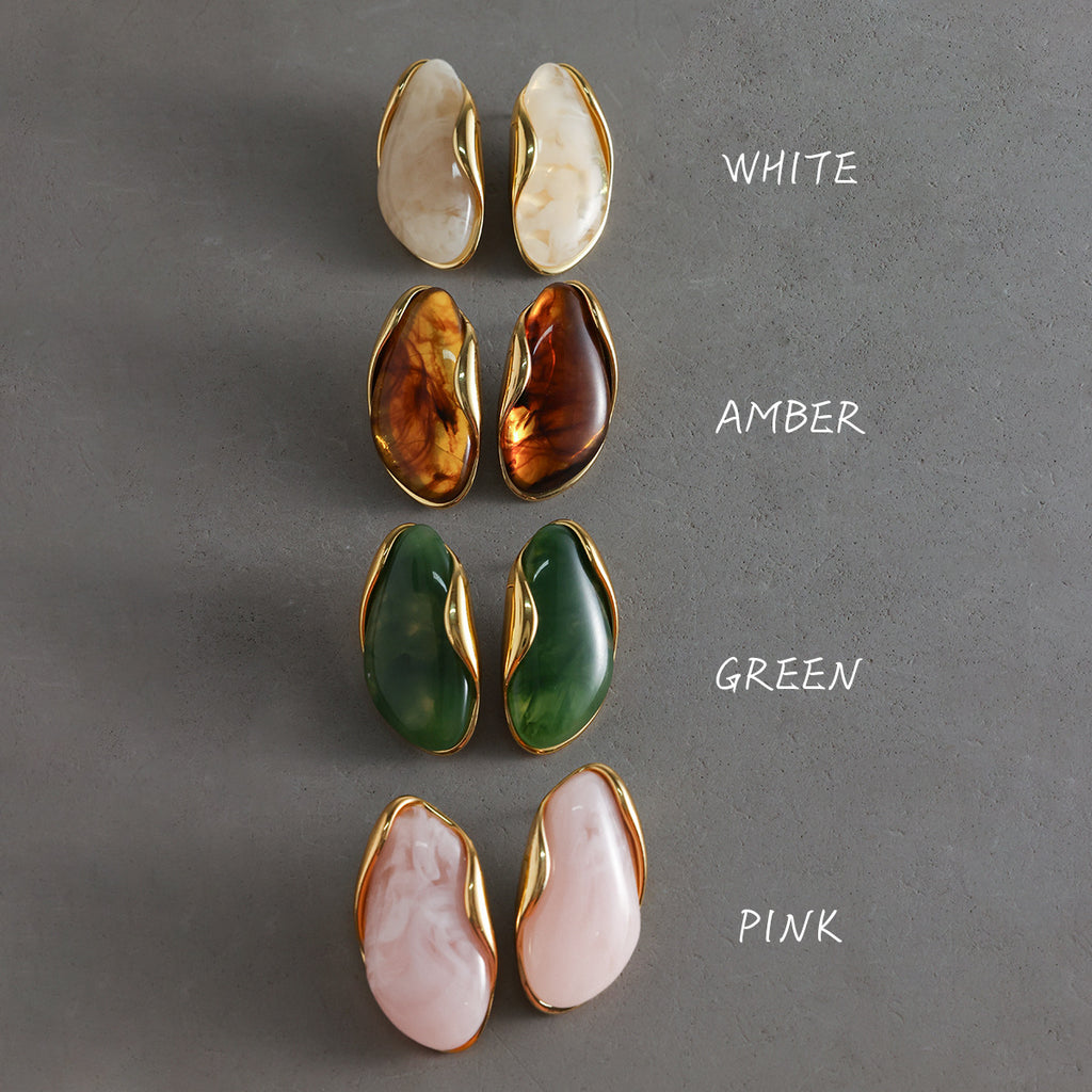 Gold Frame Irregular Gem Drop Earrings - White/Amber/Green/Pink Resin Stone Options | Retro Organic Statement Jewelry for Women (Daily/Brunch/Casual Wear)