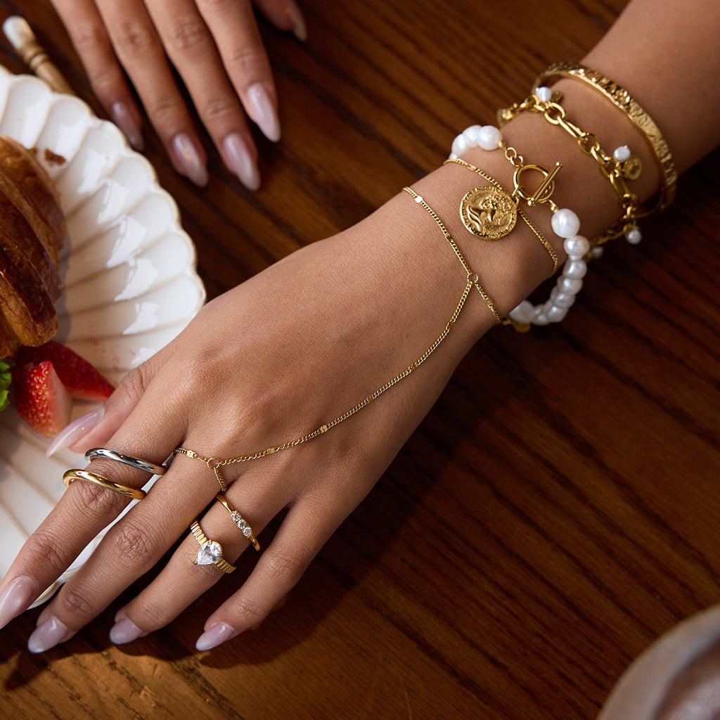 Gold Layered Bracelet & Ring Set - Pearl Strands, Coin Charm Hand Chain + Statement Rings | Retro Luxury Daily Jewelry for Women