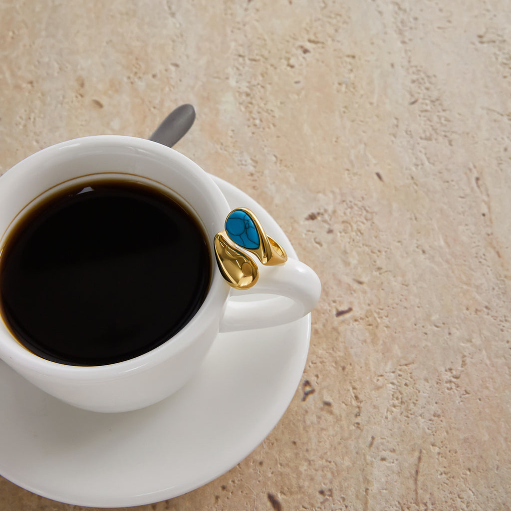 Gold Evil Eye Teardrop Ring Set - Turquoise/Pearl/Tiger Eye/Abalone Shell Stackable Statement Jewelry for Women