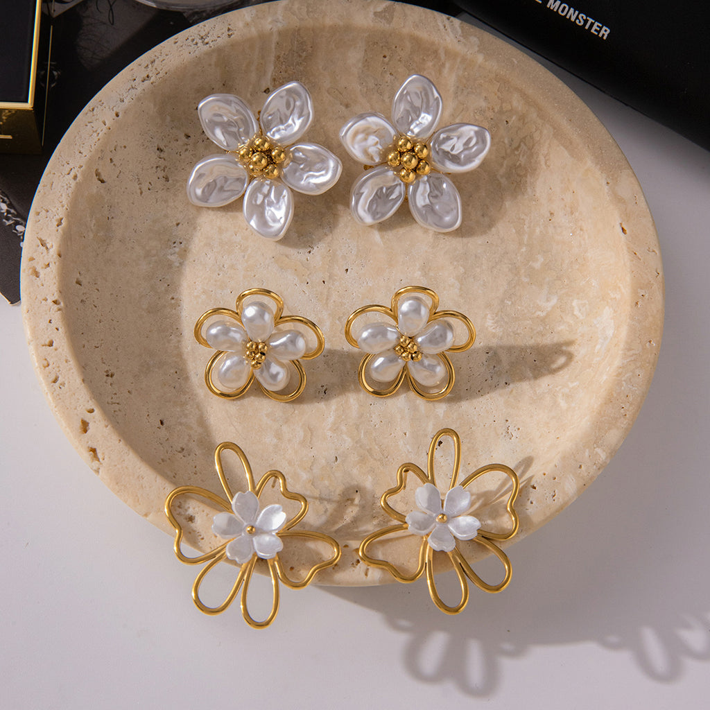Gold Floral & Pearl Earring Set - Multi-Style Blossom/Leaf/Geometric Designs | Retro Elegant Daily/Brunch Jewelry for Women (Glossy Gold + Pearl/Floral Accents)