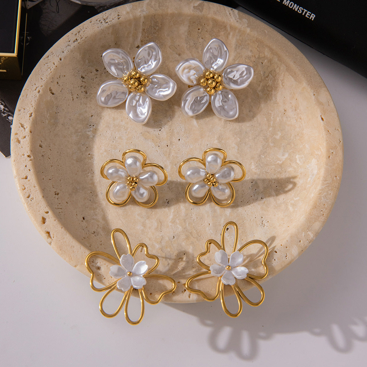 Gold Floral & Pearl Earring Set - Multi-Style Blossom/Leaf/Geometric Designs | Retro Elegant Daily/Brunch Jewelry for Women (Glossy Gold + Pearl/Floral Accents)