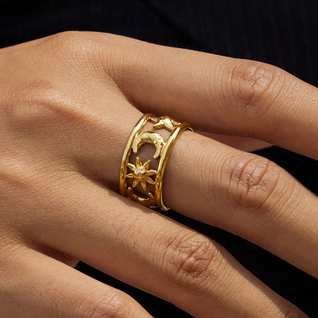 Gold & Silver Celestial Ring Set - Sun/Moon/Star Charms | Boho Layered Statement Jewelry for Women (Daily/Casual/Boho Outfit Wear)