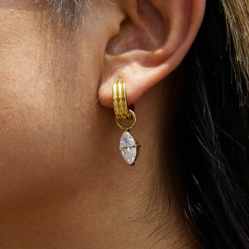 Gold Crystal Ear Set - Stone Cuff/Pear Huggies/Drop Studs | 18k Gold Tone INS-Style Daily/Brunch Ear Jewelry for Women