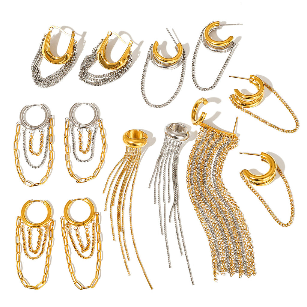 Gold Hoop Tassel CZ Dangle Earrings - Minimalist Long Chain Statement Jewelry for Women