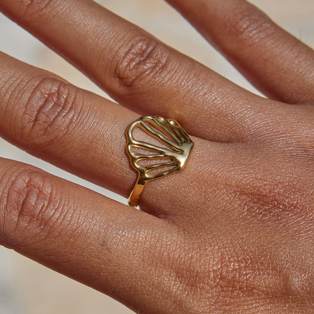 Gold Coastal-Chic Jewelry Set - Starfish/Shell/Coral Rings & Bracelet | Bold Ocean Motif Statement Accessories for Women (Beach/Daily/Brunch Wear)