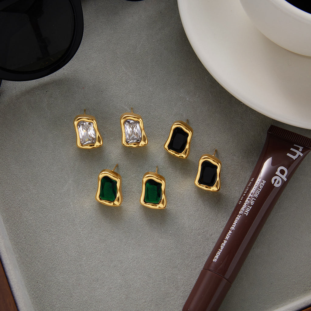 Gold Irregular Frame Gem Stud Earring Set - White/Green/Black Stone Accents | Modern Bold Daily/Brunch Jewelry for Women (Glossy Textured Gold Borders)