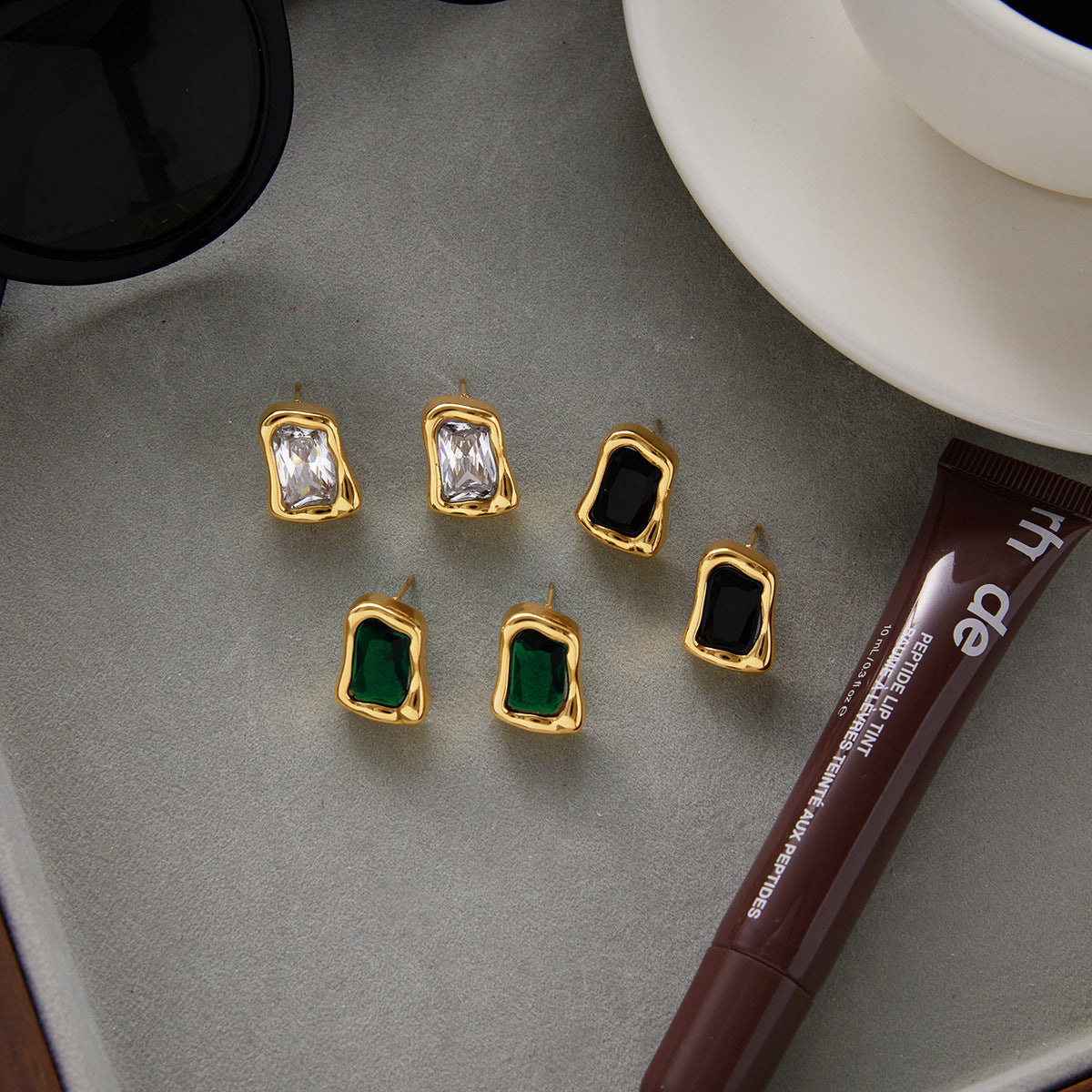 Gold Irregular Frame Gem Stud Earring Set - White/Green/Black Stone Accents | Modern Bold Daily/Brunch Jewelry for Women (Glossy Textured Gold Borders)