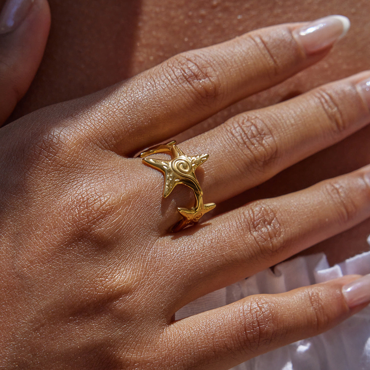 Gold Coastal-Chic Jewelry Set - Starfish/Shell/Coral Rings & Bracelet | Bold Ocean Motif Statement Accessories for Women (Beach/Daily/Brunch Wear)