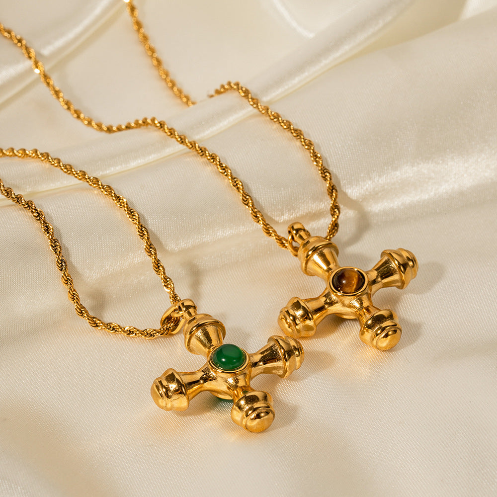Gold Cross Pendant Necklace Set - Green Agate/Amber Stones | 18k Gold Tone INS-Style Daily/Brunch Neck Jewelry for Women