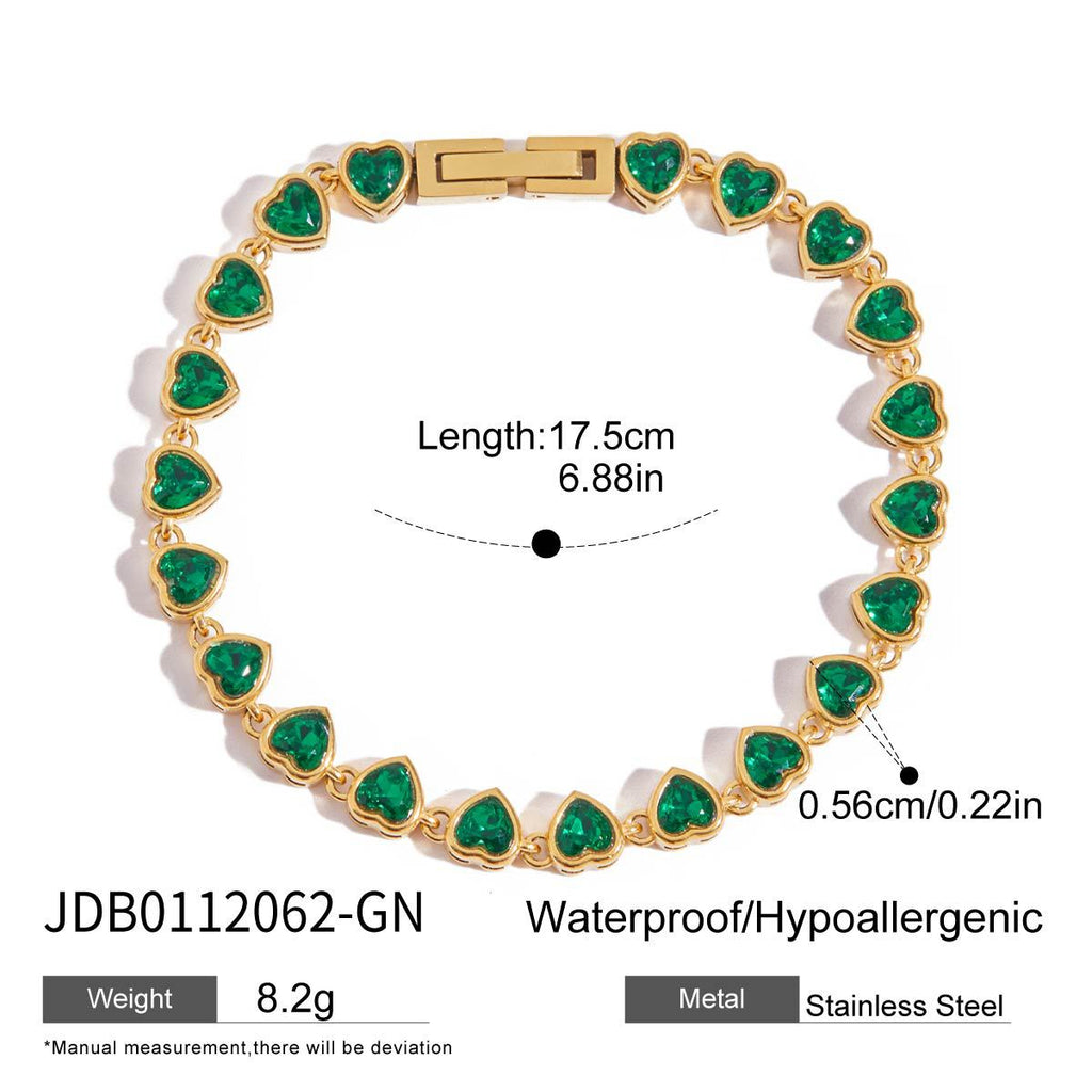 18k Gold Tone Emerald Bracelet Set - Heart/Square Gem Designs | INS-Style Stackable Daily/Brunch Wrist Jewelry for Women