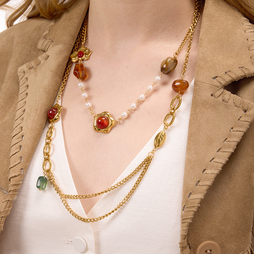 Gold Layered Retro Gem Necklace Set - Pearl/Heart/Leaf/Coin Charms | Vintage Luxury Statement Jewelry for Women (Daily/Party Wear)