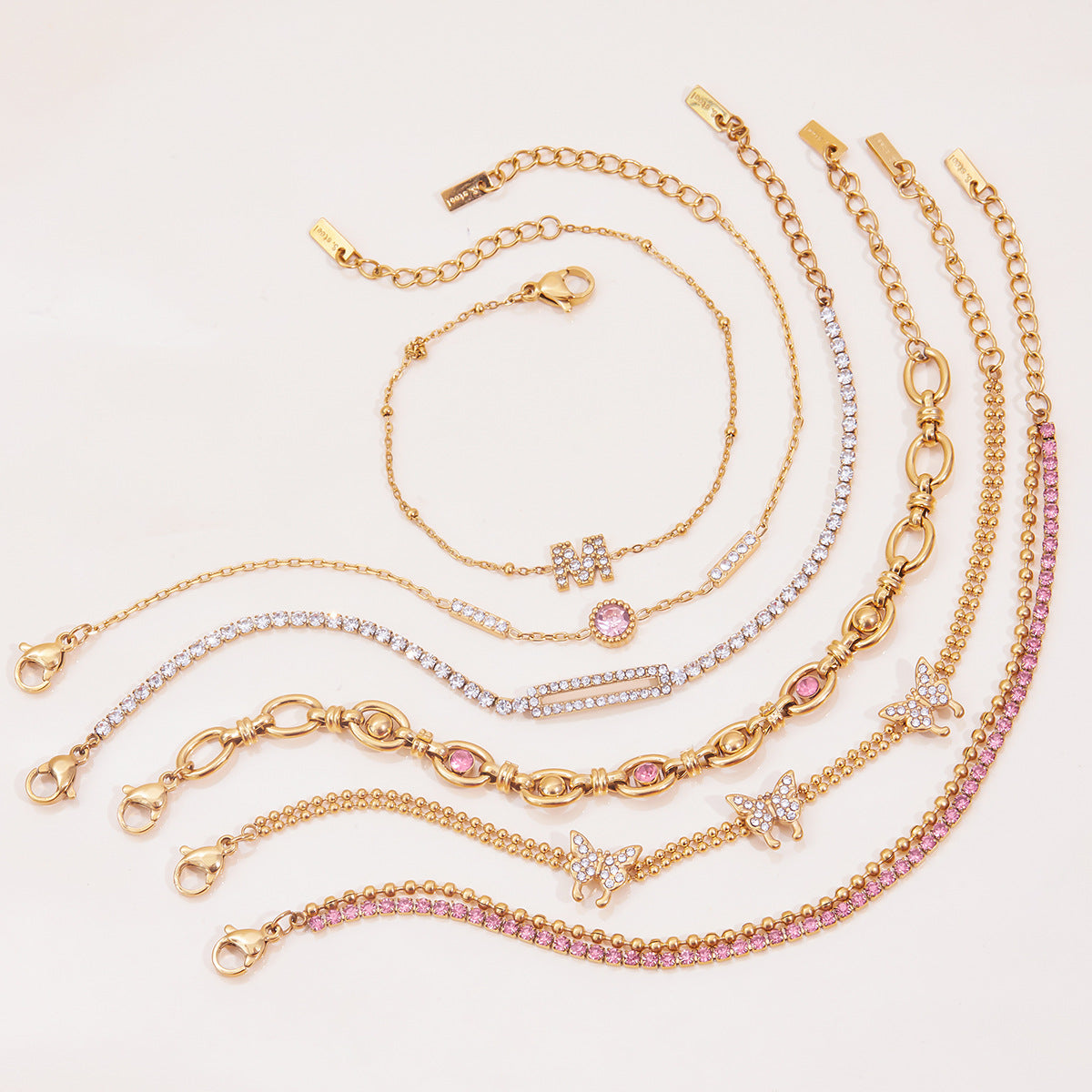 Gold Multi-Layer Bracelet Set - Pink Gem & Butterfly Charm, Sparkly Rhinestone Accents | Glam Statement Wrist Stack for Women (Daily/Party/Casual Wear)