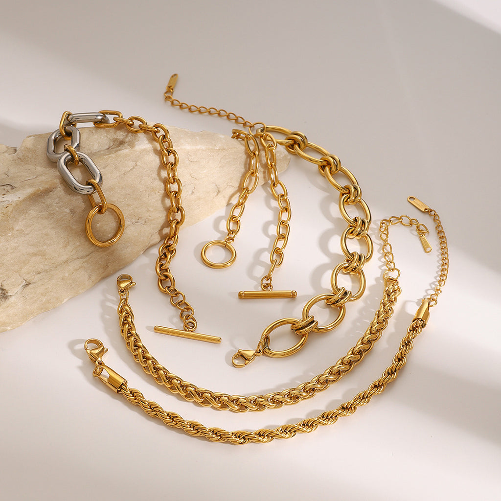 Gold & Silver Multi-Chain Bracelet Set - Oval/Twist/Link Chain Designs | Modern Layered Wrist Jewelry for Women (Daily/Brunch/Casual Wear)