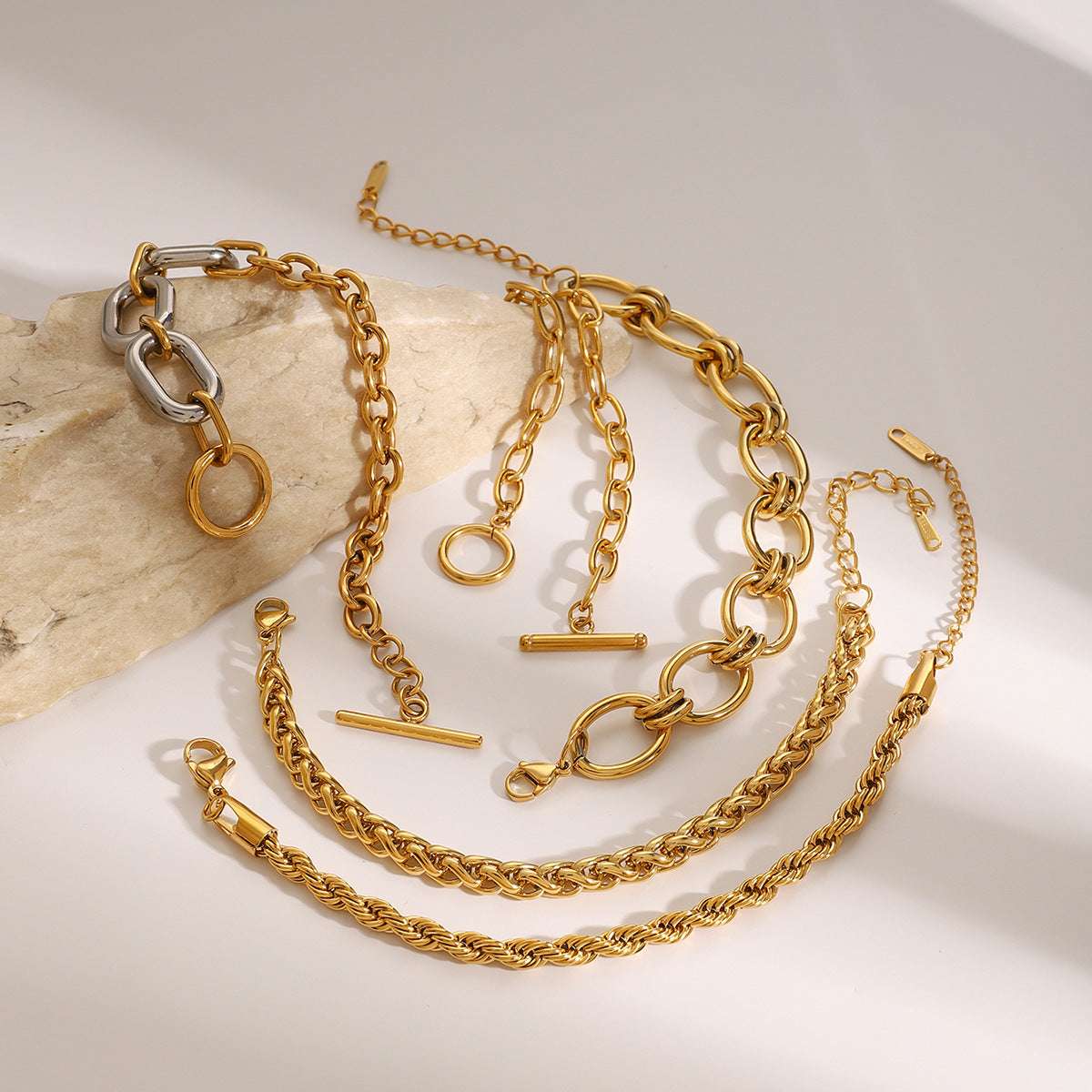 Gold & Silver Multi-Chain Bracelet Set - Oval/Twist/Link Chain Designs | Modern Layered Wrist Jewelry for Women (Daily/Brunch/Casual Wear)